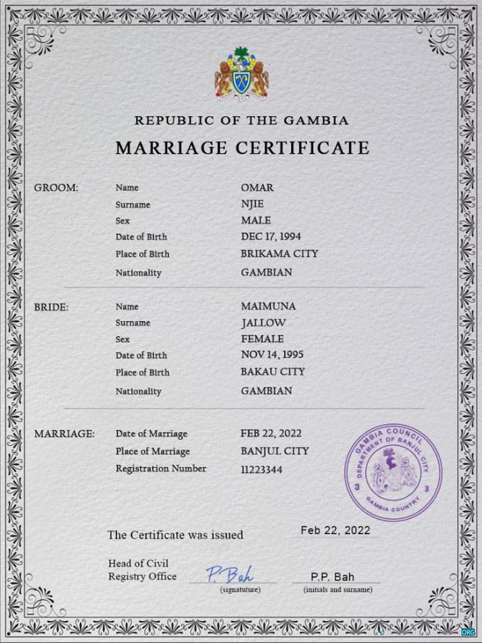 Download Gambia marriage certificate PSD template Photoshop template